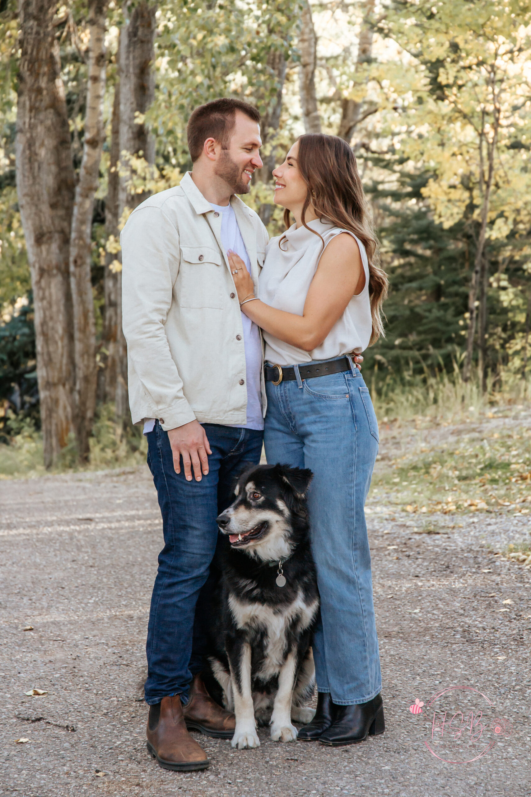 fall, couples, love, dog family photo, golden hour, tan and beige outfit photo inspo, couple pose ideas, calgary, yyc, airdrie, bearspaw, holy shutterbug, holy shutterbug photography